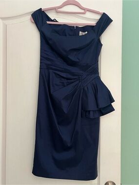 Eliza J Navy Off-Shoulder Midi Dress with Draped Side Ruffle